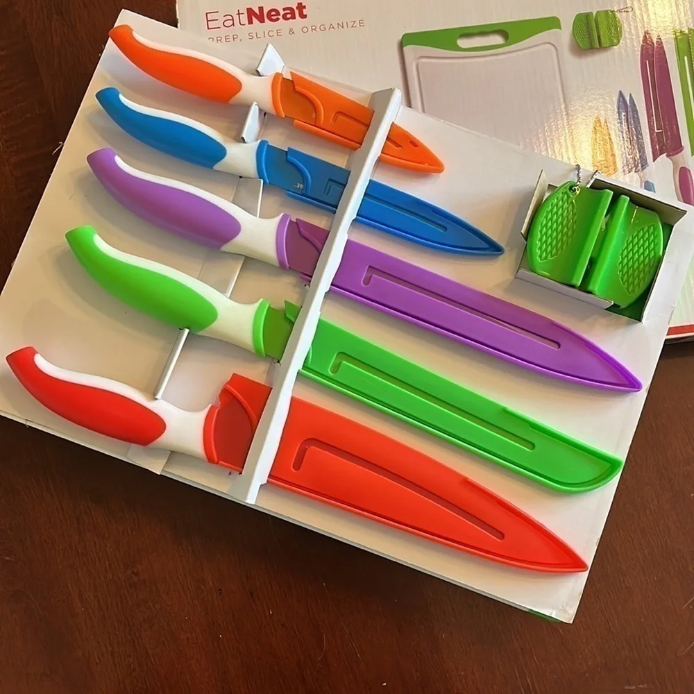 Brand New Colorful 12-Piece Kitchen Stainless Steel Knife Set w/ Cutting Board
